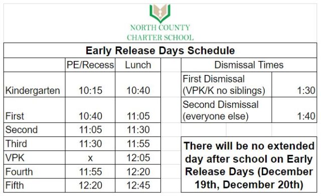 Early Release Days (NO EXTENDED DAY)